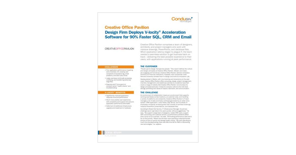 Creative Office Pavilion Design Firm Deploys V-locity® Acceleration Software for 90% Faster SQL, CRM and Email