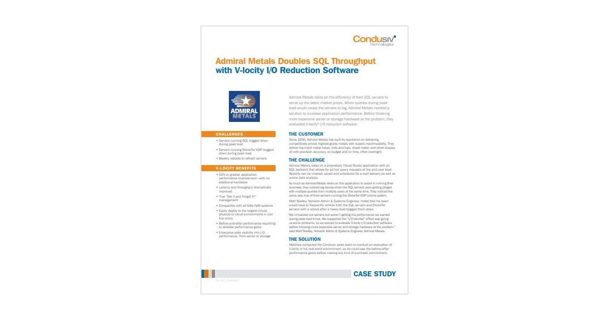 Admiral Metals Doubles SQL Throughput with V-locity I/O Reduction Software